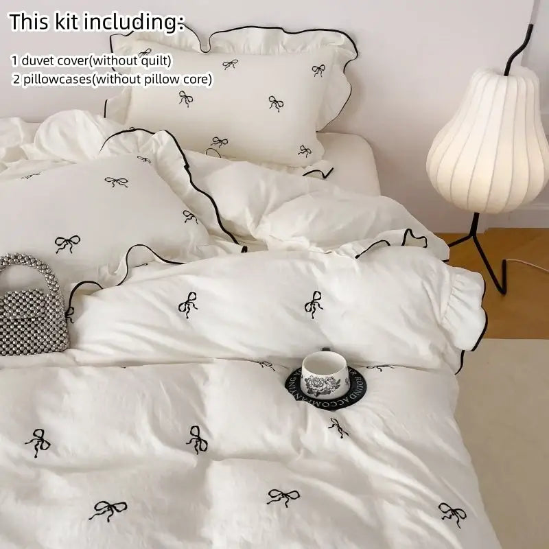 White & black bow embroidery bedding set bedroom ruffled linens