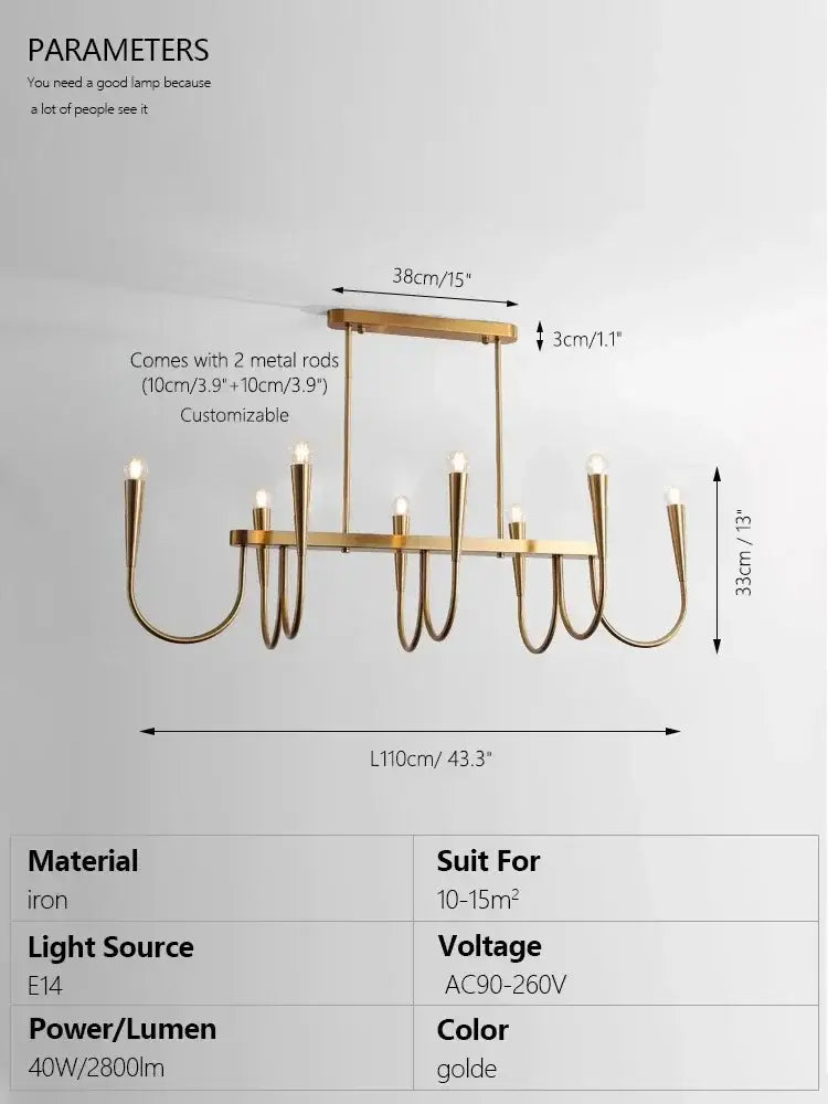 Decorbites brass chandelier for dining room with curved arms