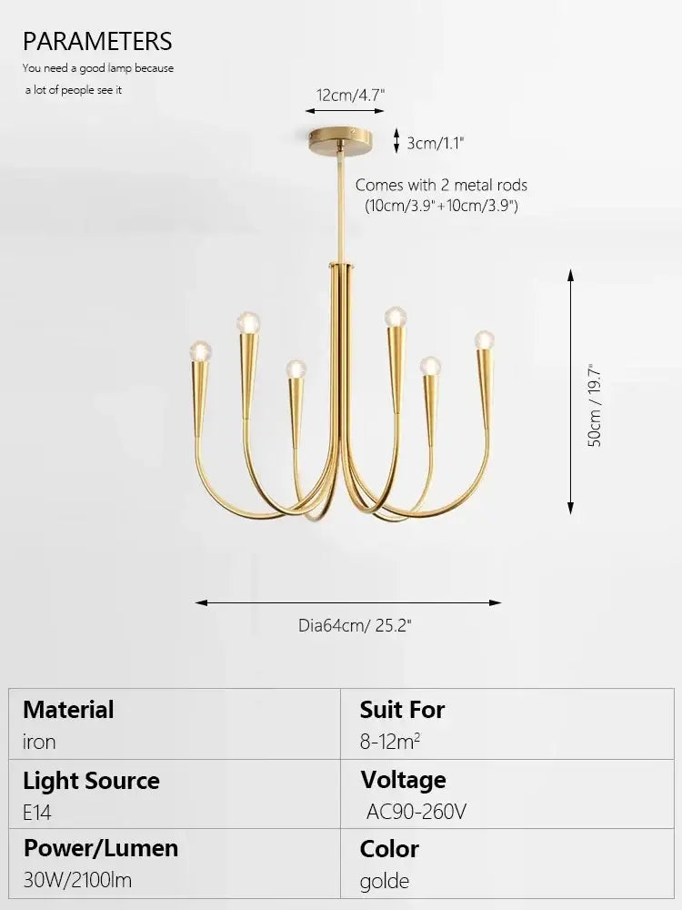 Decorbites brass chandelier for dining room with curved arms