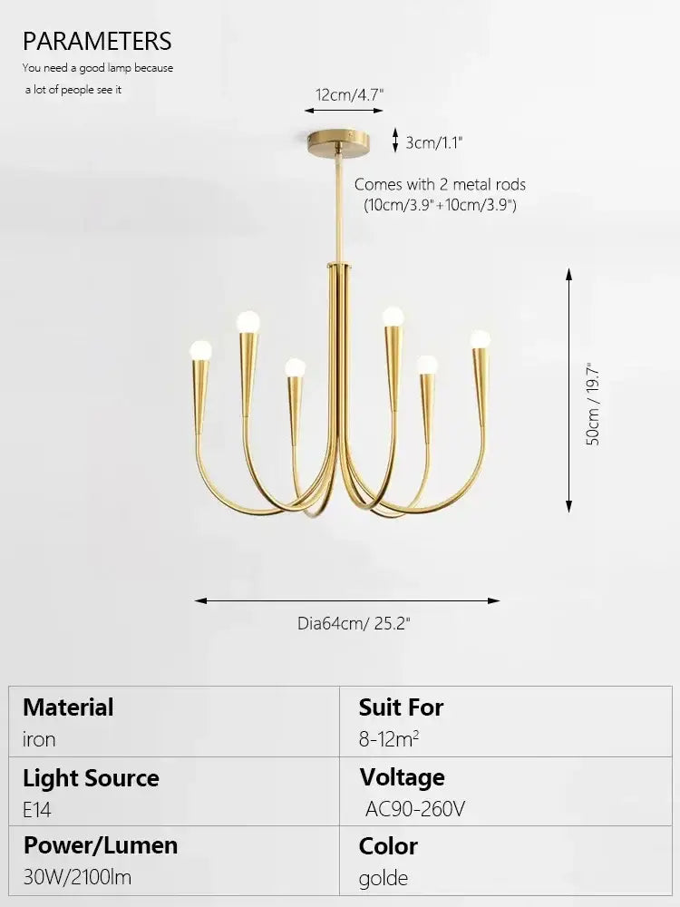 Decorbites brass chandelier for dining room with curved arms