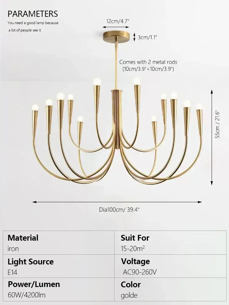 Decorbites brass chandelier for dining room with curved arms