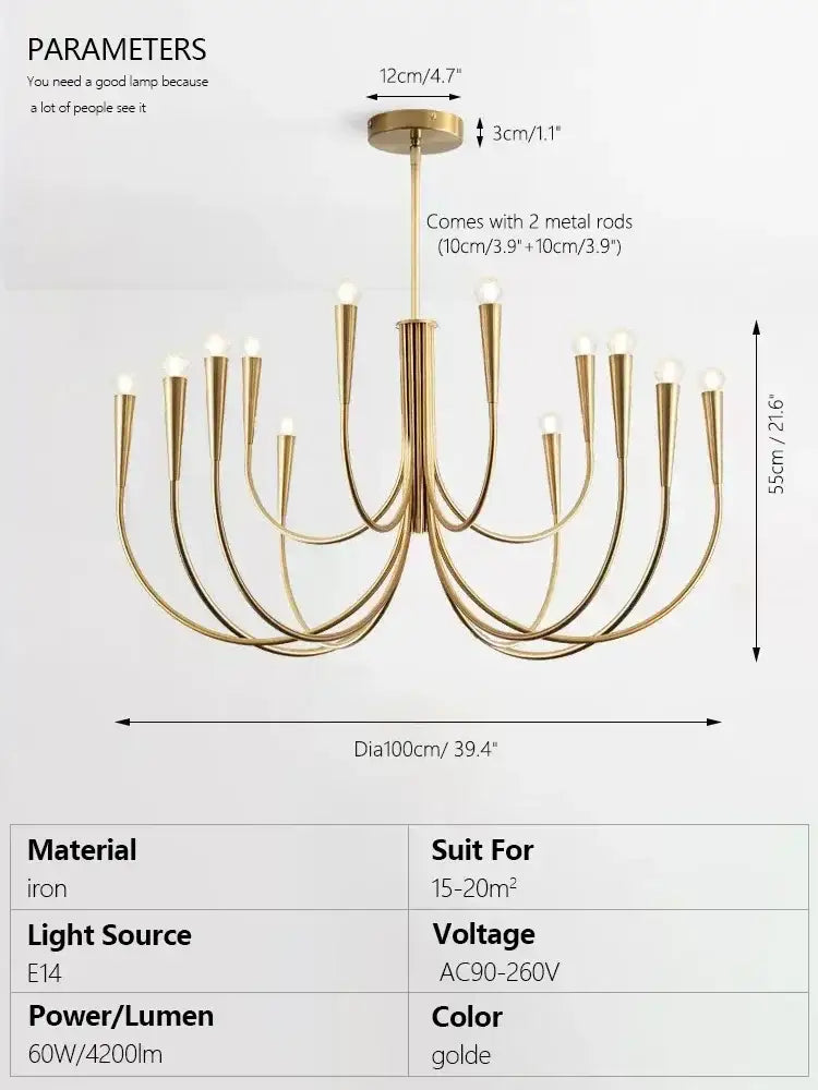Decorbites brass chandelier for dining room with curved arms