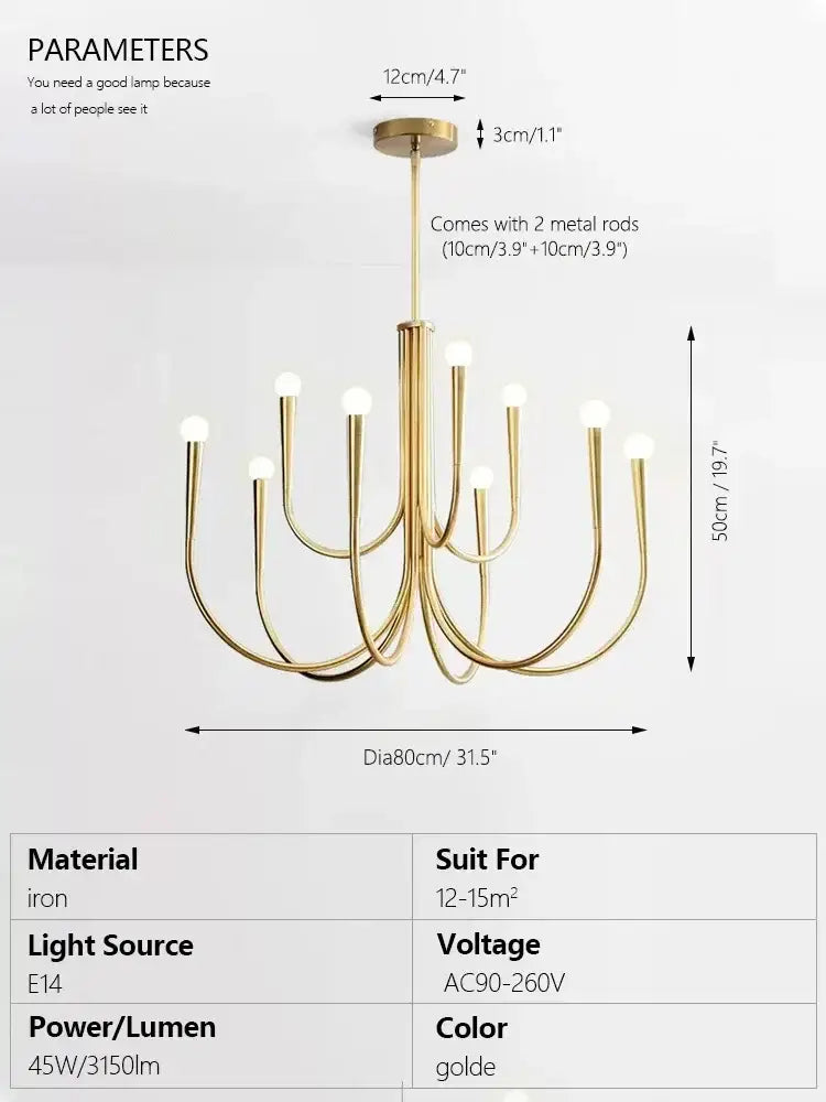 Decorbites brass chandelier for dining room with curved arms