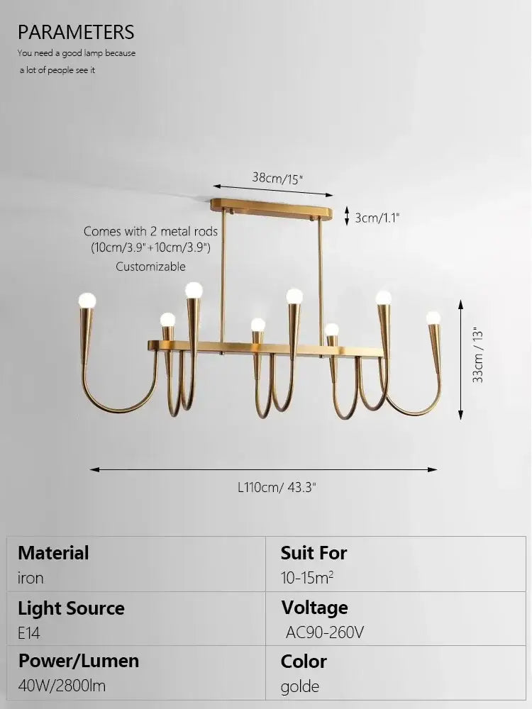 Decorbites brass chandelier for dining room with curved arms