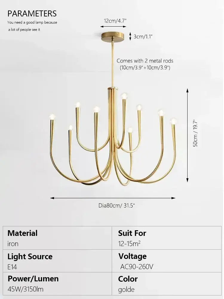 Decorbites brass chandelier for dining room with curved arms