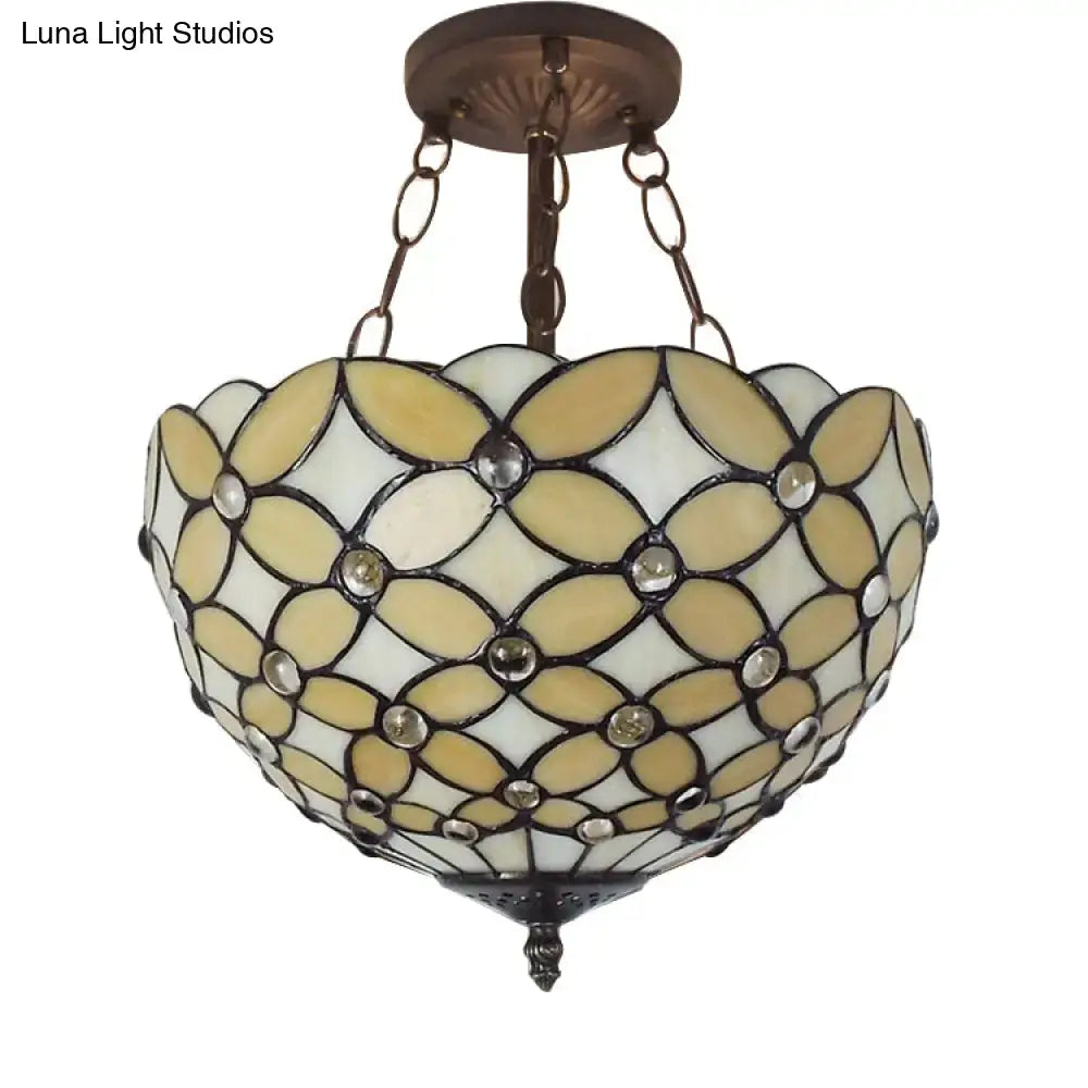 Bronze tiffany style amber stained glass semi flush mount bedroom light