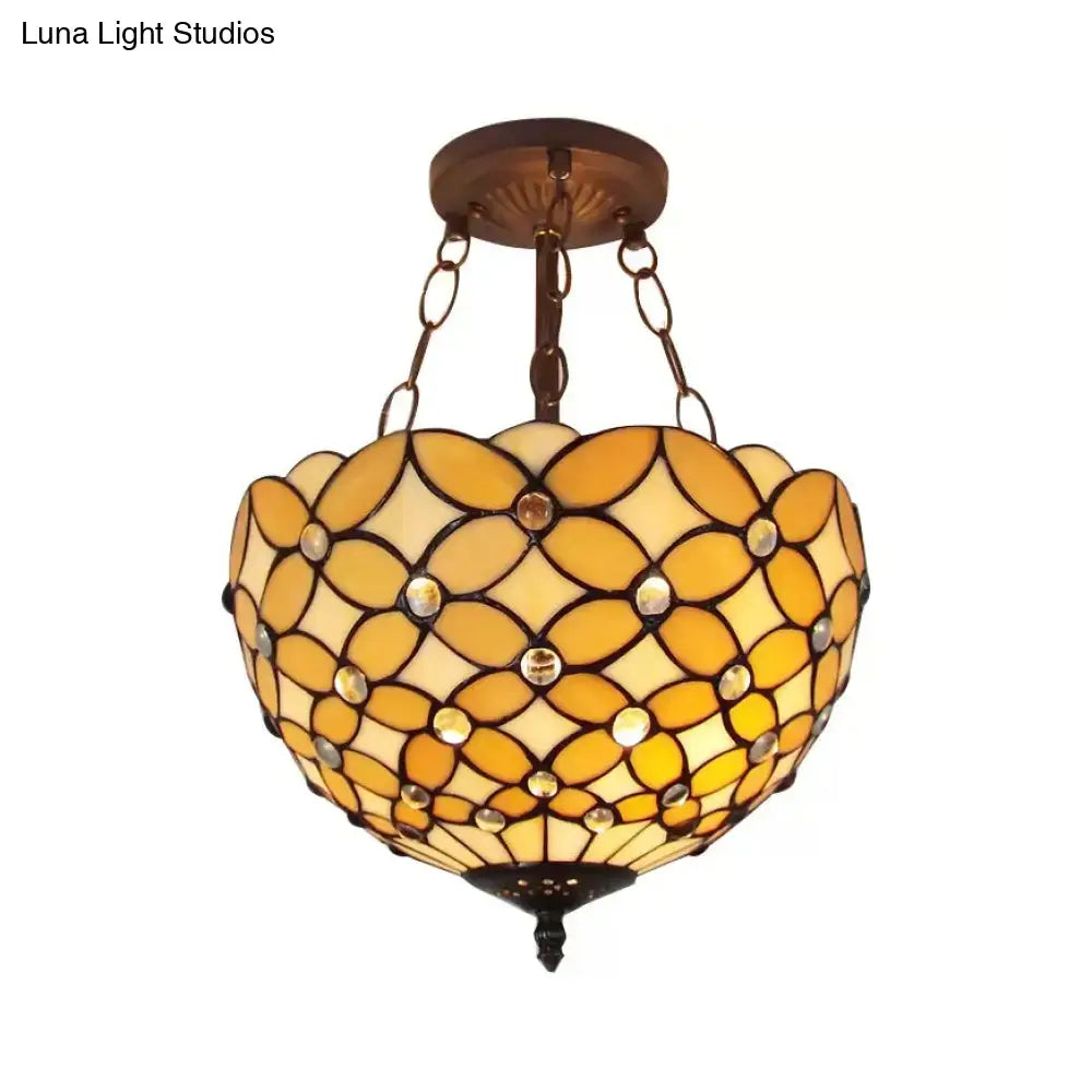 Bronze tiffany style amber stained glass semi flush mount bedroom light
