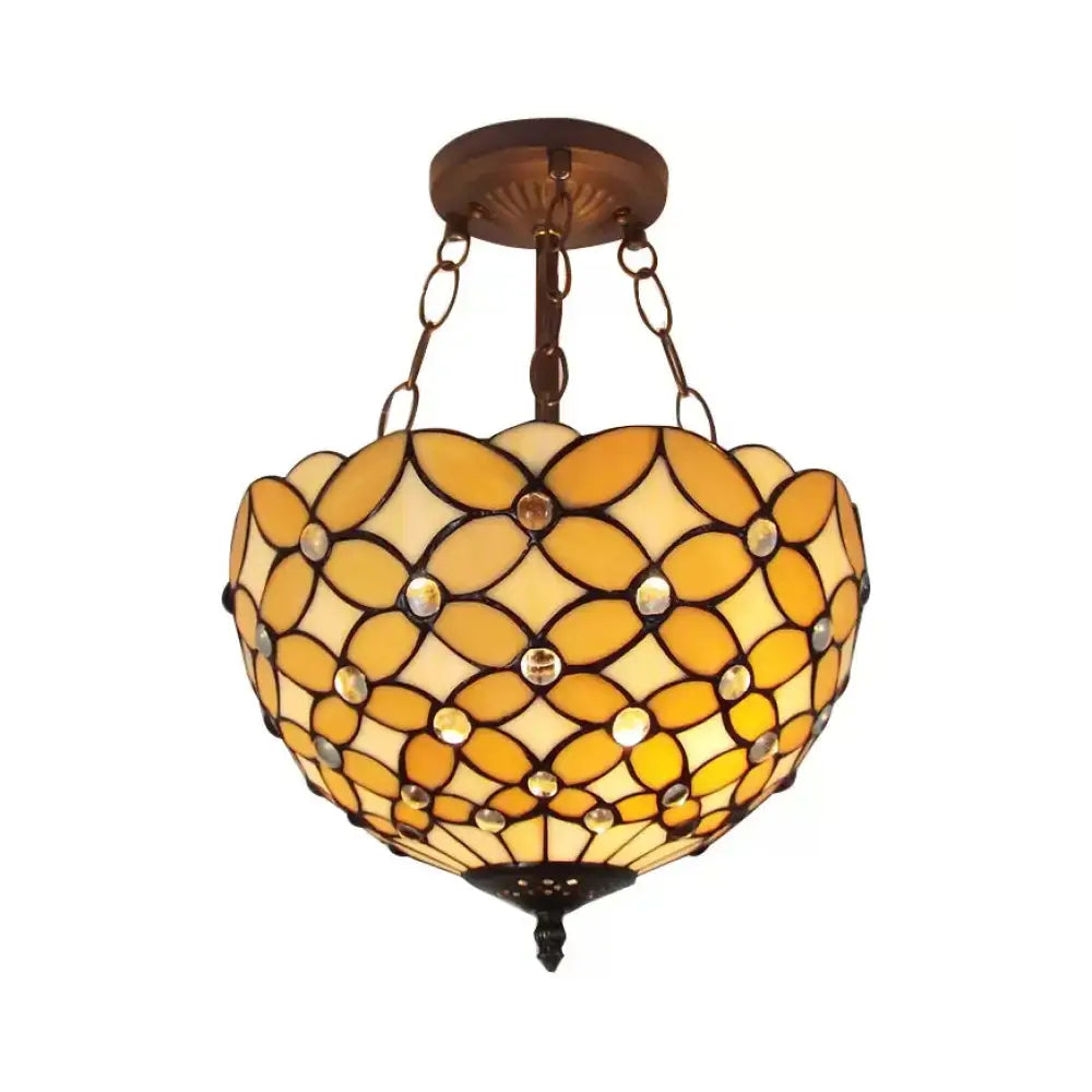 Bronze tiffany style amber stained glass semi flush mount bedroom light