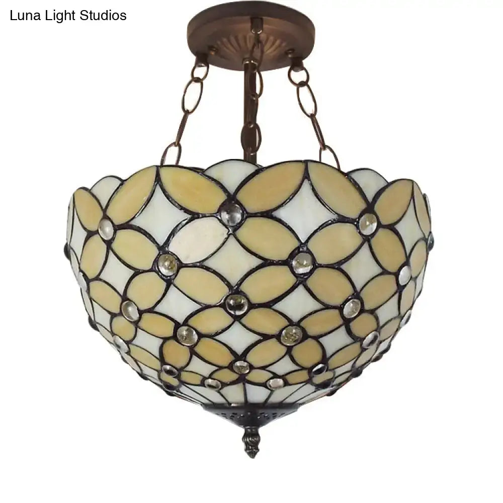 Bronze tiffany style amber stained glass semi flush mount bedroom light