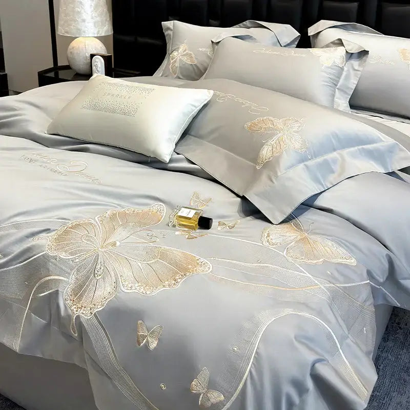 Decorbites butterfly embroidery white & pink bedding set bedroom luxury