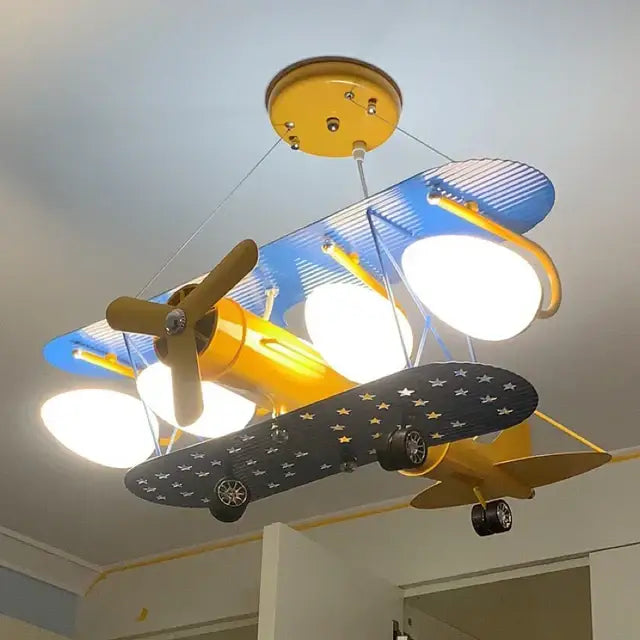 Decorbites cartoon aircraft fan light blue & yellow bedroom lamp