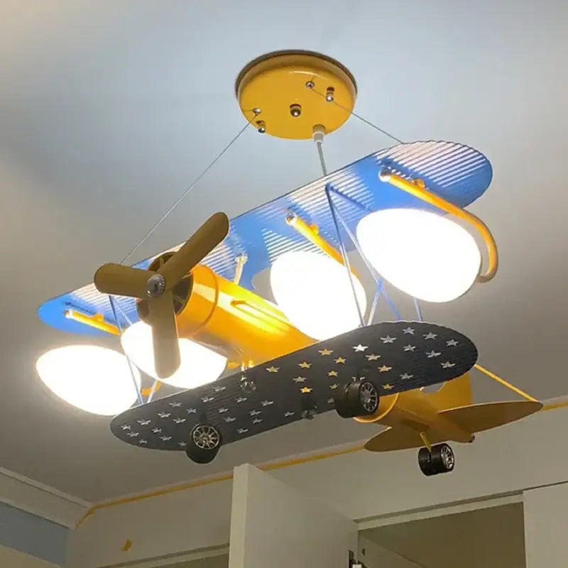 Decorbites cartoon aircraft fan light blue & yellow bedroom lamp