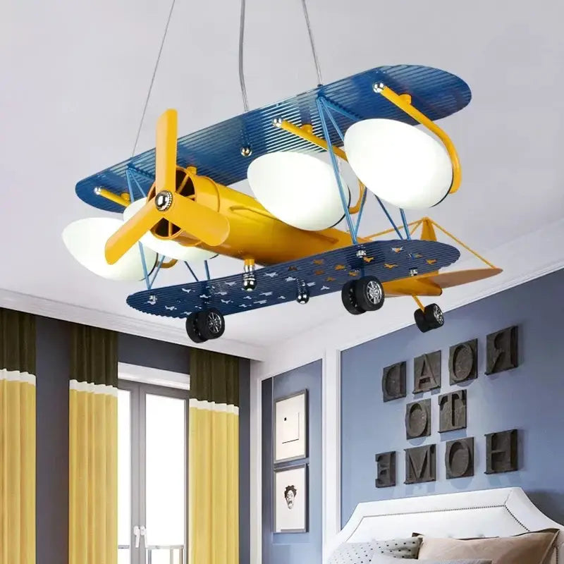 Decorbites cartoon aircraft fan light blue & yellow bedroom lamp