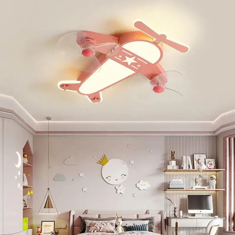 Decorbites cartoon aircraft fan light blue & yellow bedroom lamp