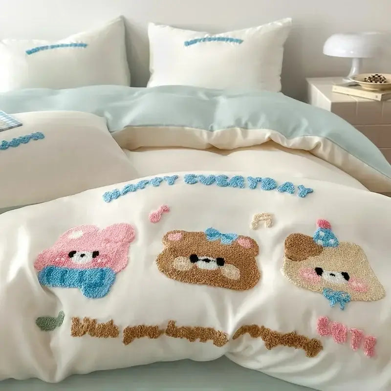 Decorbites cartoon embroidered pink & cream bedding set bedroom cotton