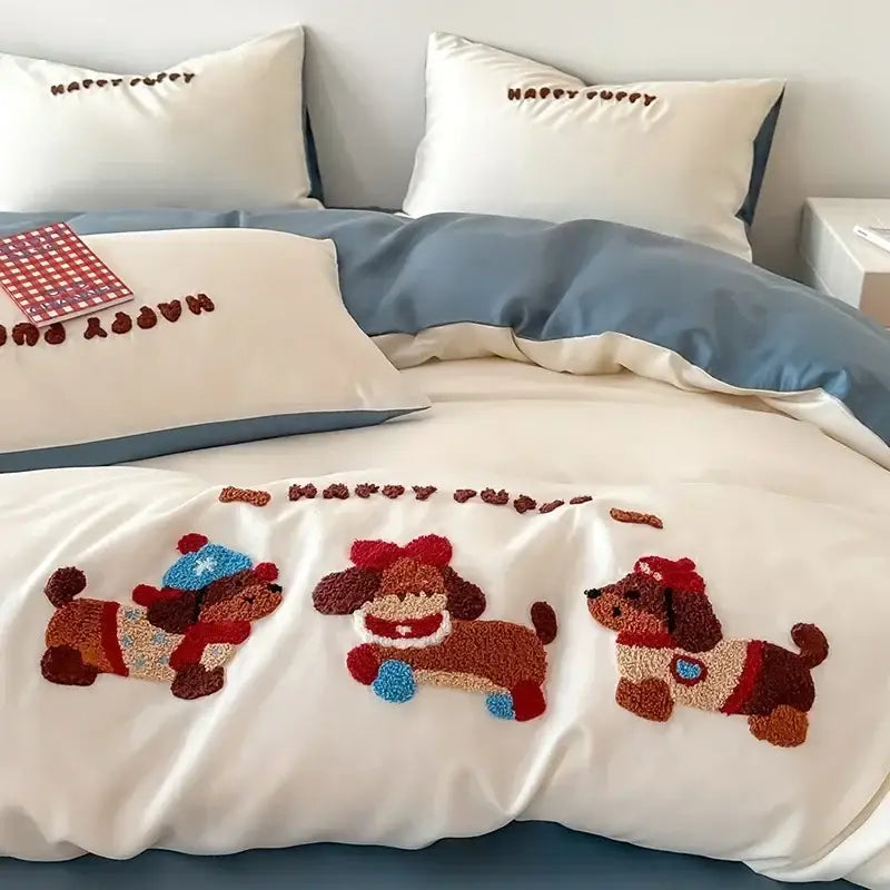 Decorbites cartoon embroidered pink & cream bedding set bedroom cotton