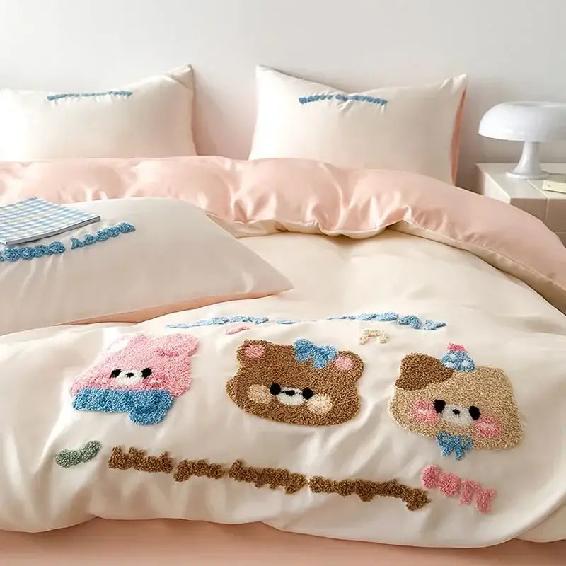 Decorbites cartoon embroidered pink & cream bedding set bedroom cotton