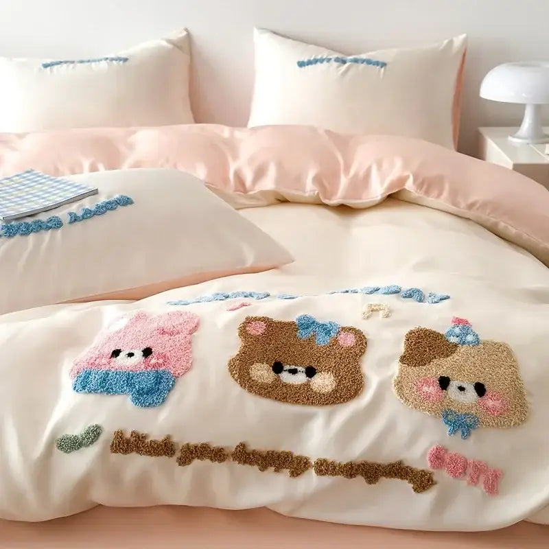 Decorbites cartoon embroidered pink & cream bedding set bedroom cotton