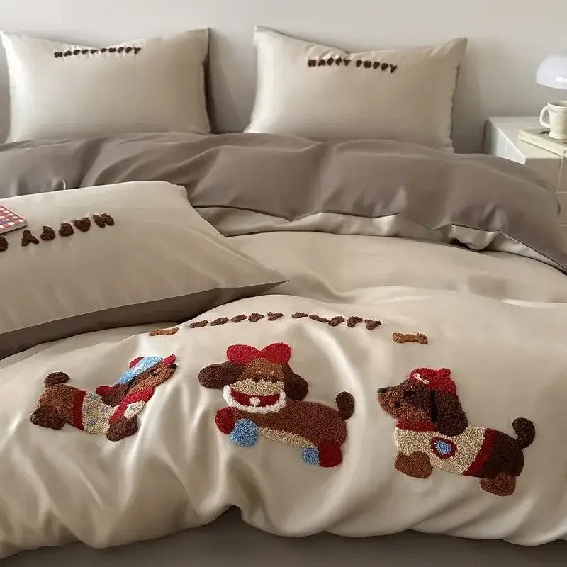 Decorbites cartoon embroidered pink & cream bedding set bedroom cotton