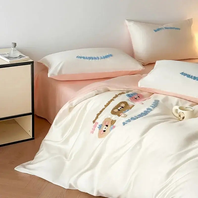 Decorbites cartoon embroidered pink & cream bedding set bedroom cotton
