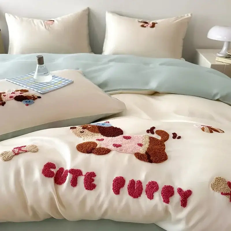 Decorbites cartoon embroidered pink & cream bedding set bedroom cotton
