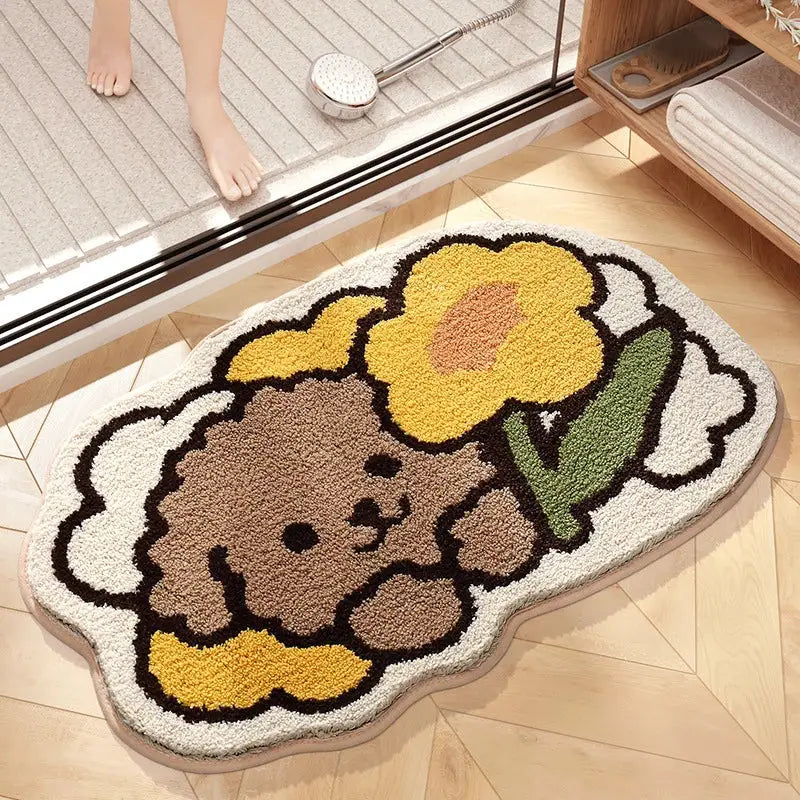 Decorbites cartoon puppy flocked brown bath rug bathroom mat