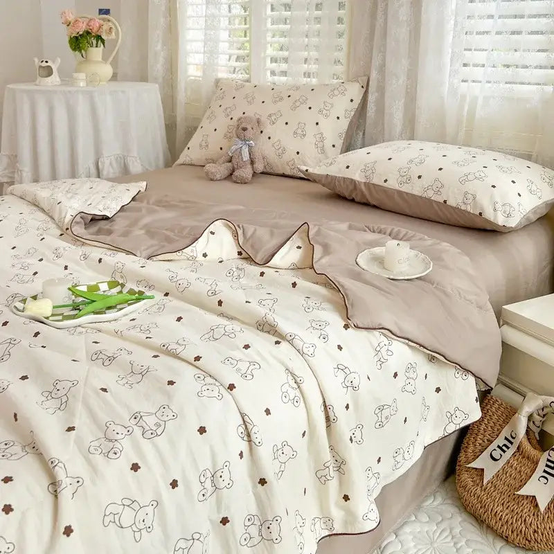 Decorbites cartoon summer cream teddy bear blanket bedroom cotton bedding