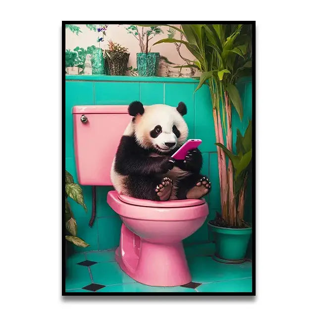 Whimsical black cat reading newspaper toilet canvas wall art bathroom