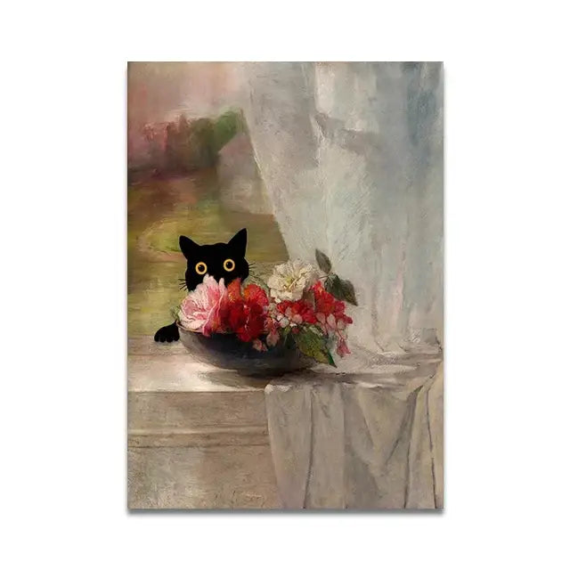 Whimsical black cat reading wall art set – bathroom decor
