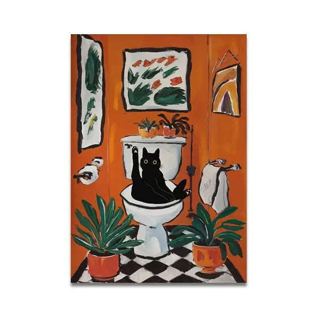 Whimsical black cat reading wall art set – bathroom decor