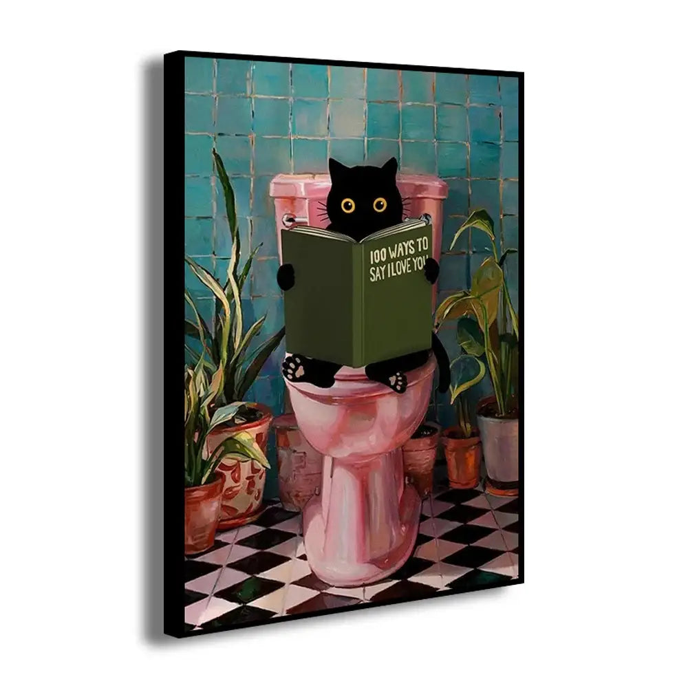Whimsical black cat reading wall art set – bathroom decor