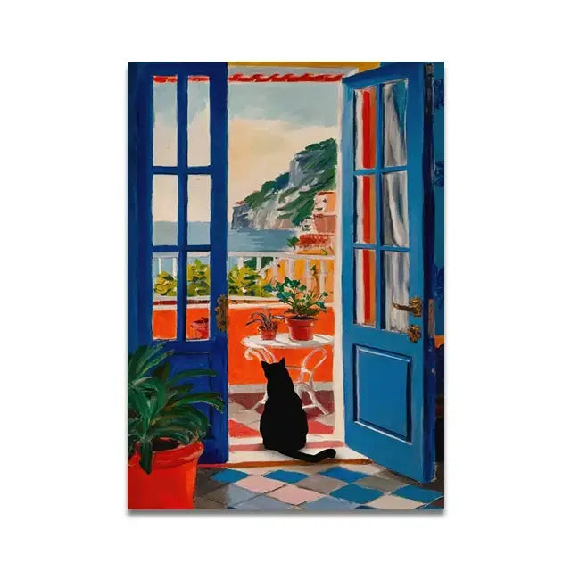 Whimsical black cat reading wall art set – bathroom decor