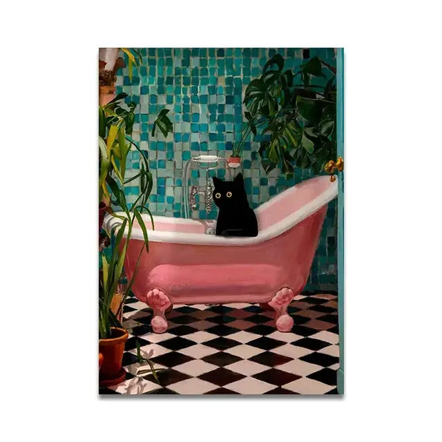 Whimsical black cat reading wall art set – bathroom decor