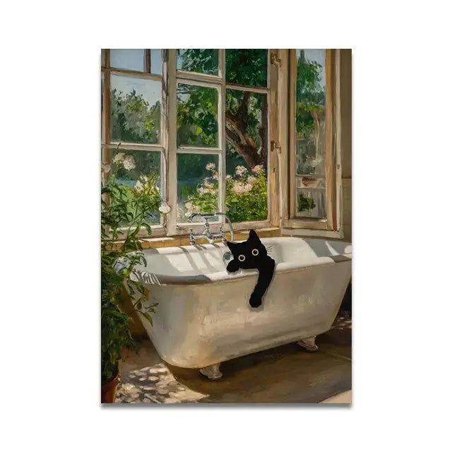 Whimsical black cat reading wall art set – bathroom decor