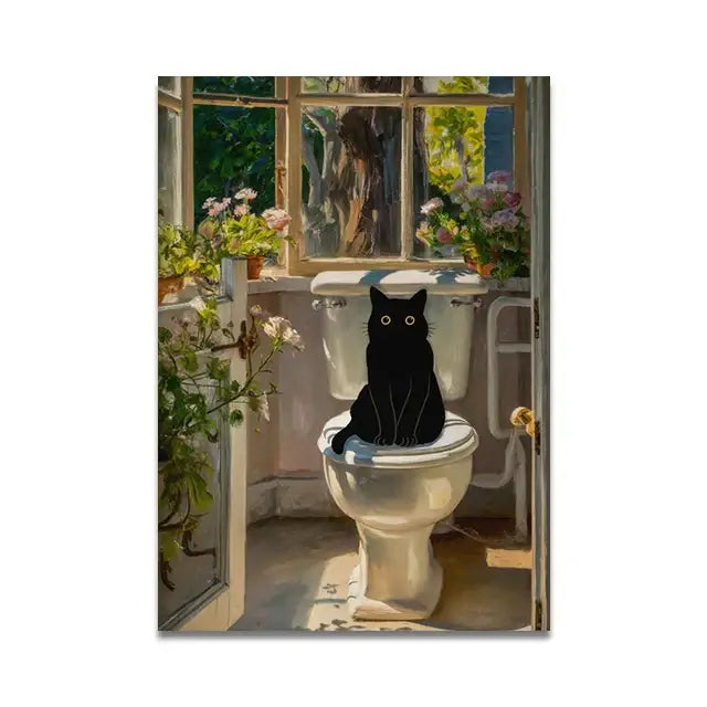 Whimsical black cat reading wall art set – bathroom decor