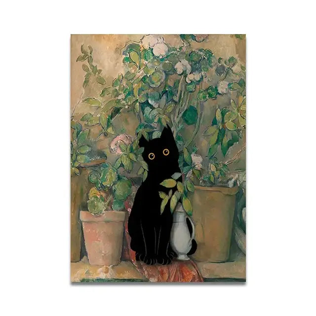 Whimsical black cat reading wall art set – bathroom decor