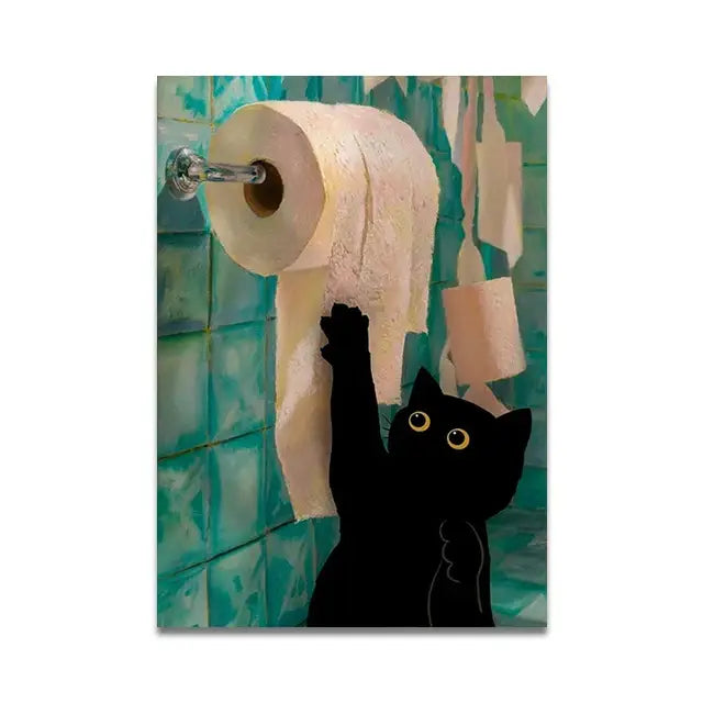 Whimsical black cat reading wall art set – bathroom decor