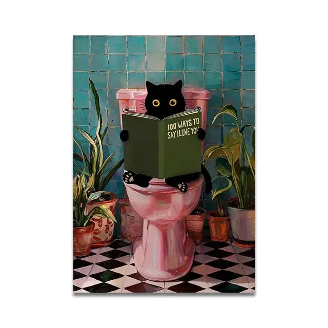 Whimsical black cat reading wall art set – bathroom decor