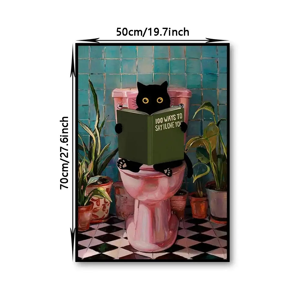 Whimsical black cat reading wall art set – bathroom decor