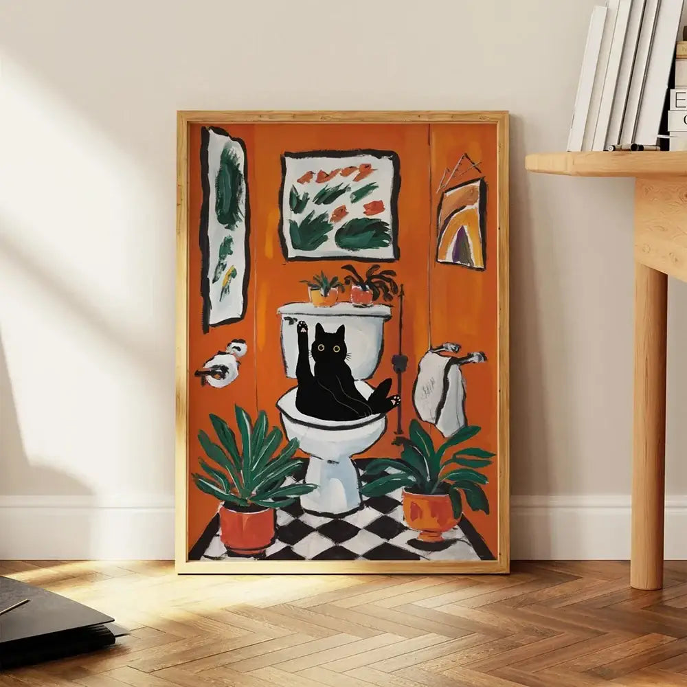 Whimsical black cat reading wall art set – bathroom decor