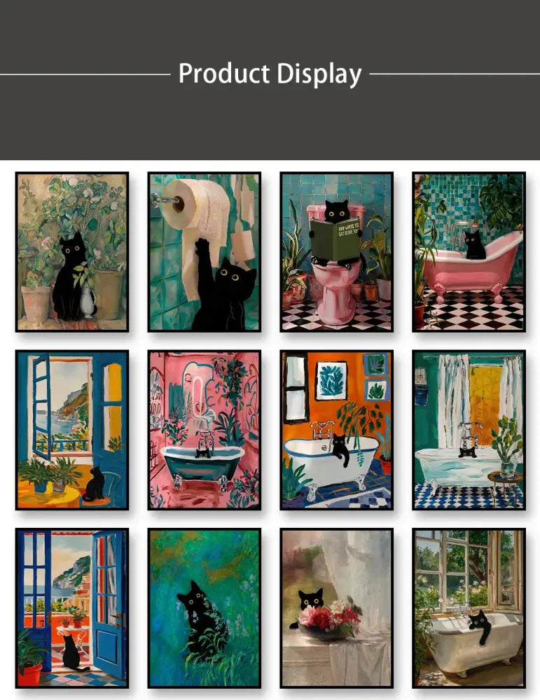 Whimsical black cat reading wall art set – bathroom decor