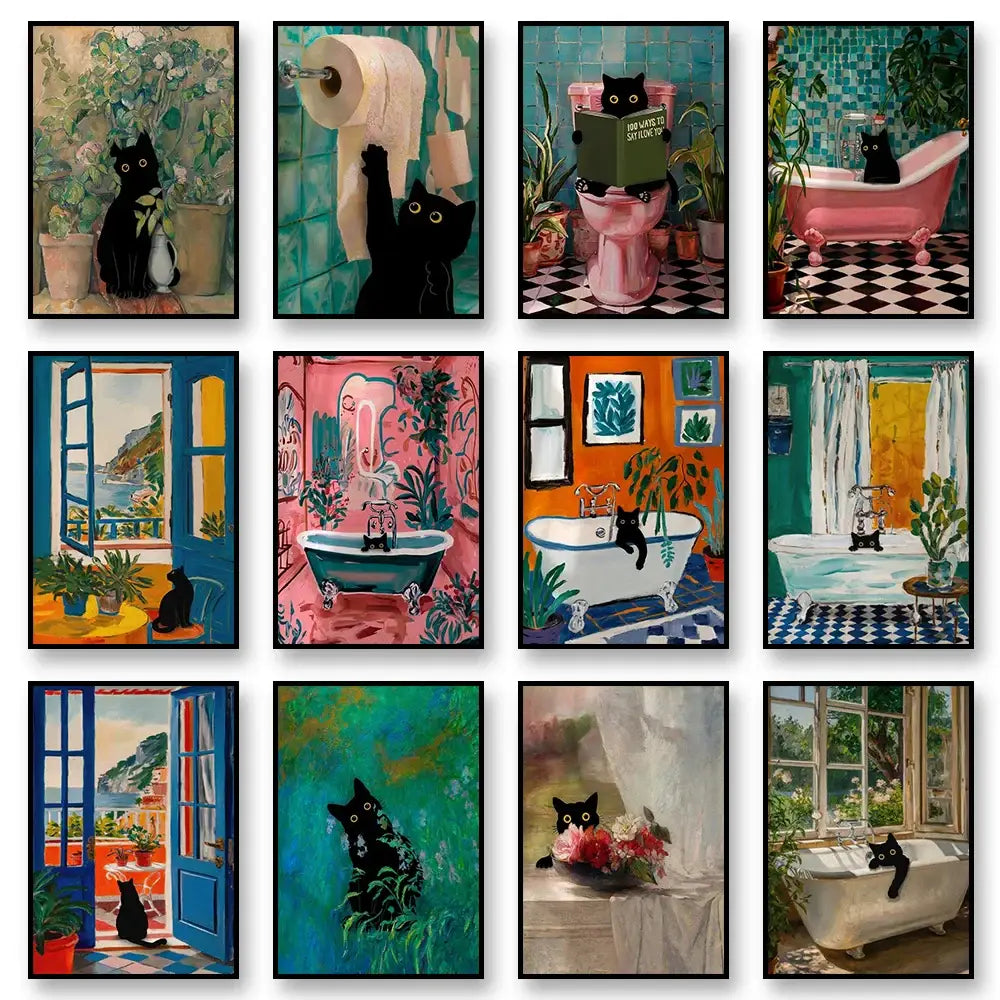 Whimsical black cat reading wall art set – bathroom decor