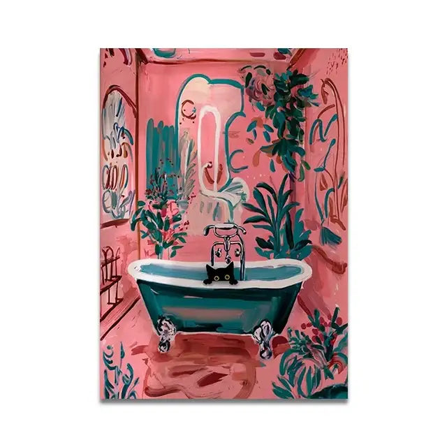 Whimsical black cat reading wall art set – bathroom decor
