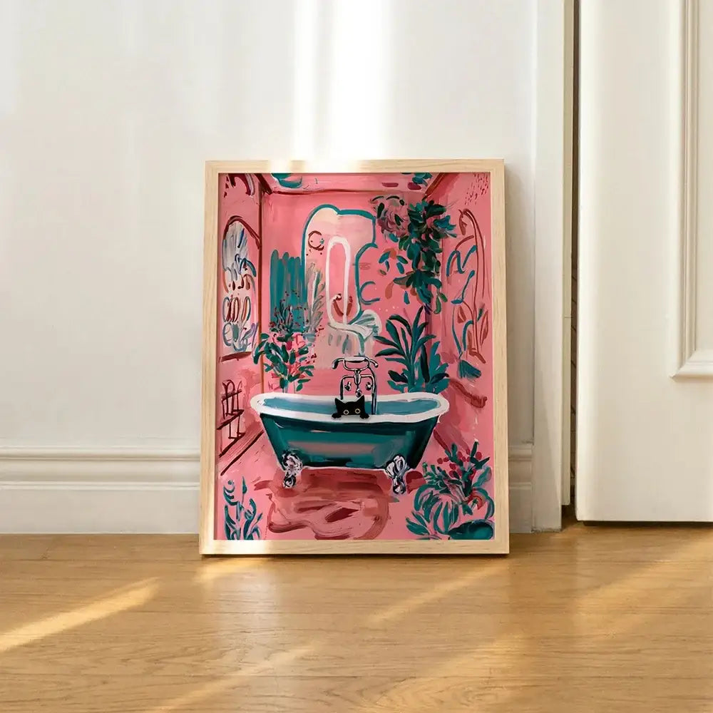 Whimsical black cat reading wall art set – bathroom decor