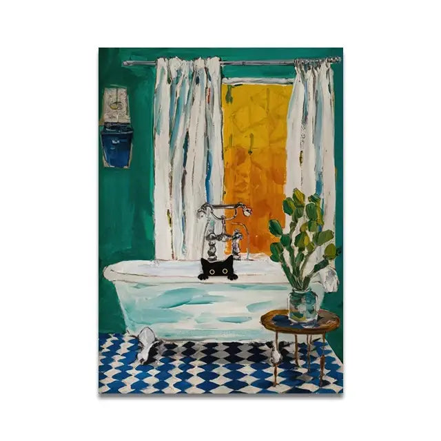 Whimsical black cat reading wall art set – bathroom decor