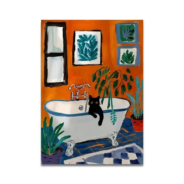 Whimsical black cat reading wall art set – bathroom decor