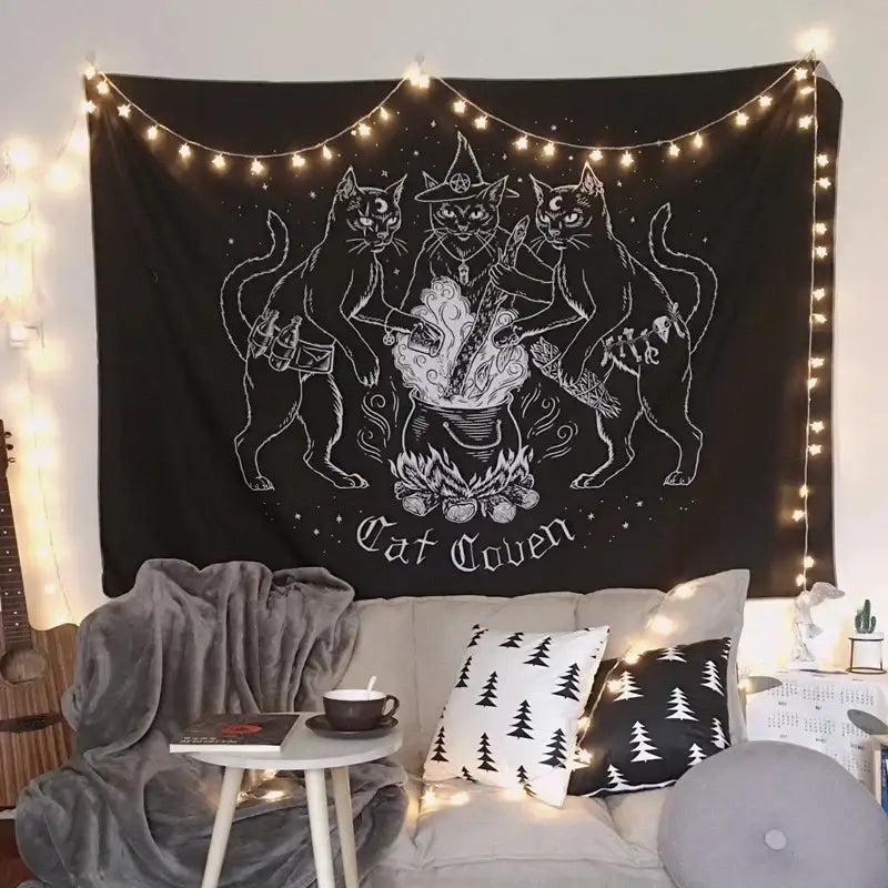 Decorbites cat witchcraft black rose tapestry bedroom wall hanging