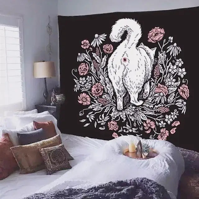 Decorbites cat witchcraft black rose tapestry bedroom wall hanging