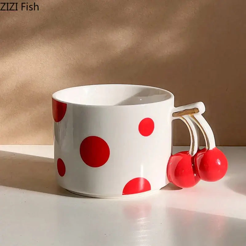 Red polka dot porcelain coffee mug with cherry handle kitchen decor
