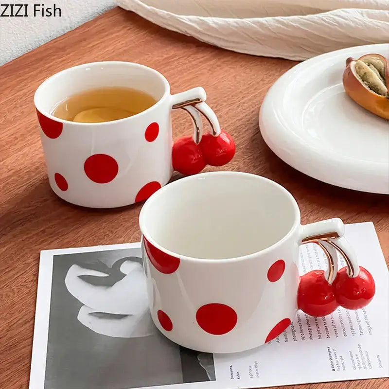 Red polka dot porcelain coffee mug with cherry handle kitchen decor